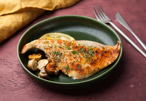 Рецепт «Морской лещ с&nbsp;апельсинами и&nbsp;шампиньонами»