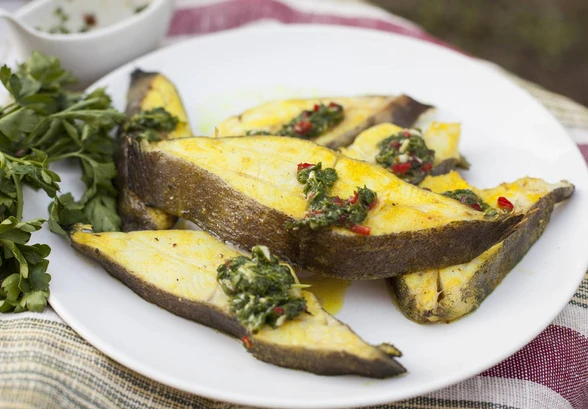 Рецепт «Шашлык из&nbsp;палтуса с&nbsp;зеленым соусом »