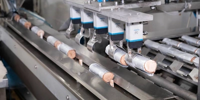 Трубочка заворачивается в&nbsp;фольгу, режется на&nbsp;большие батоны и&nbsp;отправляется в&nbsp;камеру закаливания на&nbsp;25–30 минут. На&nbsp;выходе робот захватывает трубочку, подаёт на&nbsp;резку и&nbsp;разрезает на&nbsp;5 порций. Пломбир во&nbsp;взбитой шоколадно-сливочной глазури выпускается в&nbsp;форме трубочки, палочка не предусмотрена оборудованием. В&nbsp;советские времена такое мороженое было известно как «Лакомка» и&nbsp;производилось в&nbsp;основном в&nbsp;Москве. Бренд «Лакомка» запатентован, использовать его может только один производитель