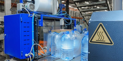 Бутылки с&nbsp;водой поступают в&nbsp;группиратор, который формирует упаковку и&nbsp;подаёт её в&nbsp;термоусадочную печь